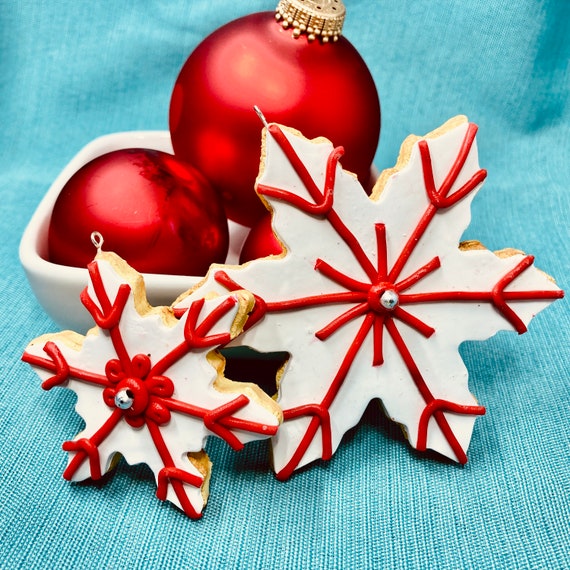 Red Iced Snowflake Sugar Cookie Christmas Ornament, White Decoration, Faux, Fake Food, Snow, Winter, Holiday Gift, Tree