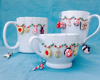Custom Christmas Wine Glass Charm Collection, Coffee Mug Charms, Winter Decoration, Holiday gift, Champagne, Party Favors, Sweets, Cookies