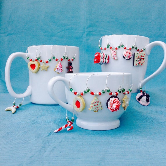 Custom Christmas Wine Glass Charm Collection, Coffee Mug Charms, Winter Decoration, Holiday gift, Champagne, Party Favors, Sweets, Cookies