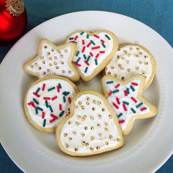 Iced Sugar Cookie Christmas Ornament, Heart, Circle, or Star Decoration, Red, white, Green, and Gold Ornament