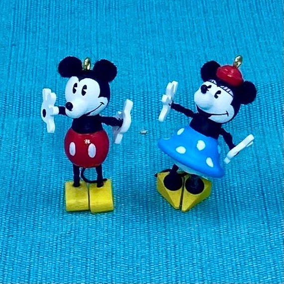 Mickey and Minnie Mouse Miniature Christmas Ornament, Vintage Hallmark, keepsake, set of 2, Disney, wood and cord