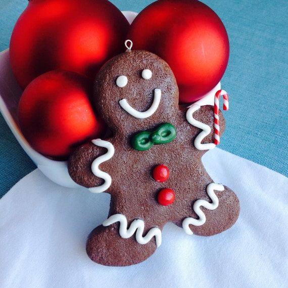 Gingerbread Man Christmas Ornament, White, Red, Green, Brown, Vanilla Icing, Faux Cookie, Fake Food, Winter Decoration, Candy Buttons