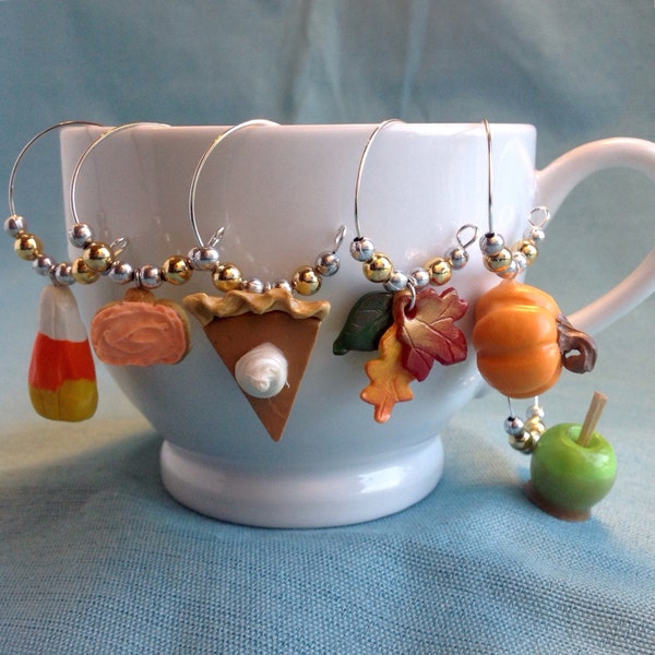 Fall Wine Charms, Set of 6, Coffee Mug Charm, Sugar Cookie, Pumpkin, Candy Apple, Pie, Corn, Leaves, Harvest Party Favor, Halloween Gift