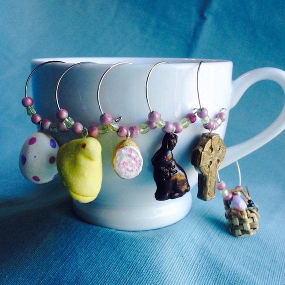 Easter Wine Charms, Set of 6, Coffee Mug Charms, Sugar Cookie, Chocolate Bunnie, Basket, Decorated Egg, Cross, Marshmallow Chick, Candy
