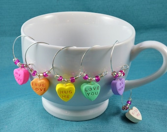 Conversation Heart Wine Charms, Set of 6, Coffee Mug or Champagne Glass Charm, Candy, Pink, Purple, White, Green, Yellow, Orange, Valentine