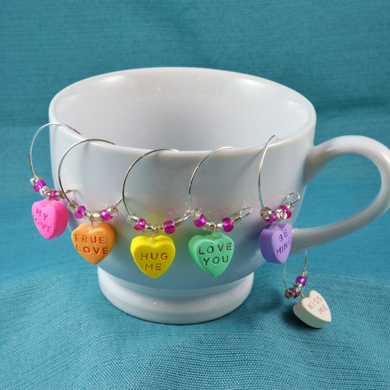 Conversation Heart Wine Charms, Set of 6, Coffee Mug or Champagne Glass Charm, Candy, Pink, Purple, White, Green, Yellow, Orange, Valentine