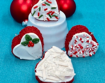 Red Velvet Cake Christmas Ornament, Red White Heart Decoration, Cream Cheese Icing, Holly, Sprinkles, Coconut,Faux Peppermint, Fake Dessert