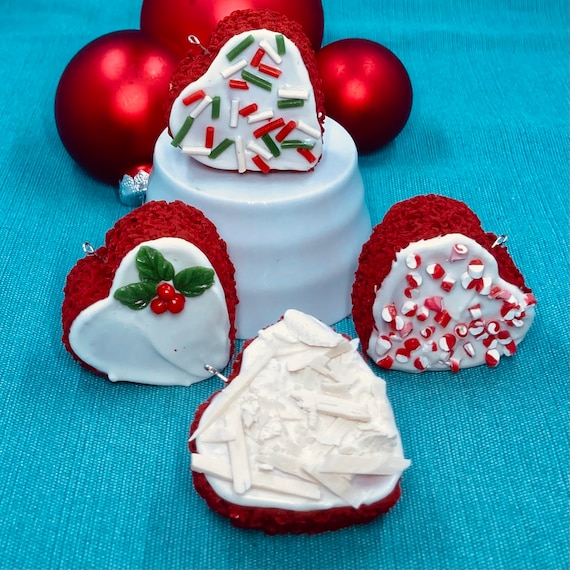 Red Velvet Cake Christmas Ornament, Red White Heart Decoration, Cream Cheese Icing, Holly, Sprinkles, Coconut,Faux Peppermint, Fake Dessert