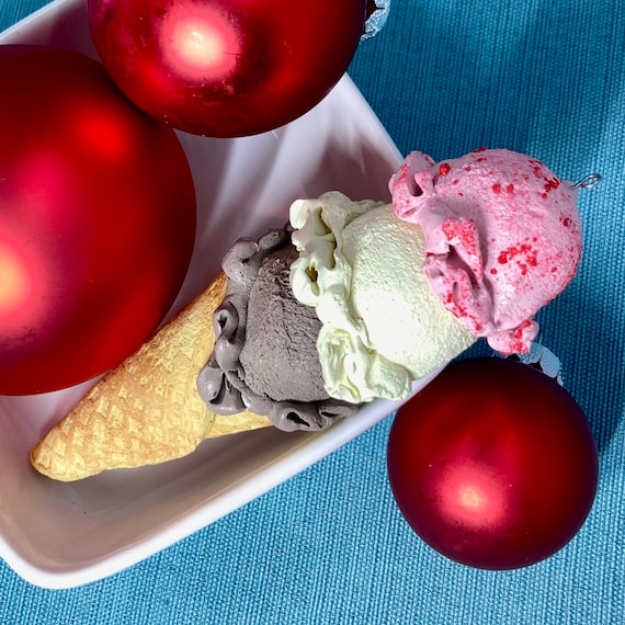 Neapolitan Waffle Cone Christmas Ornament, Faux Ice Cream, Strawberry, Vanilla, Chocolate, Italian Dessert, Triple Scoop, Soda Shop