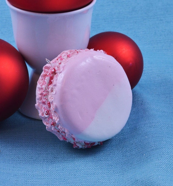 Peppermint Macaron Christmas Ornament, Holiday Tree Decoration, French Pastry, Faux Fake Cookie, Red, White, Pink, Candy Cane, Photo Prop