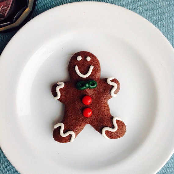 Gingerbread Man Magnet, Christmas Cookie, Red, White, and Green, Icing and Candy, Faux Food Home Decor, Kitchen Decoration, Brown