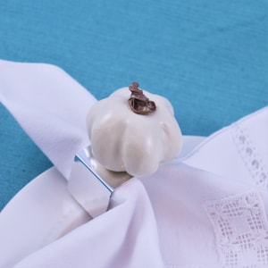 May include: White ceramic napkin ring shaped like a pumpkin with a brown stem detail. The ring is on a white napkin with a lace trim.