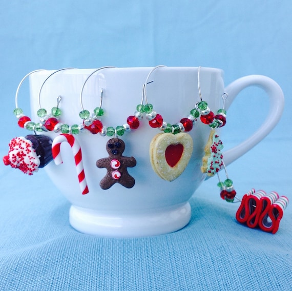 Christmas Sweets Wine Charms, Set of 6, Coffee Mug Charm, Gingerbread Man, Ribbon Candy, Chocolate Cupcake, Sugar Cookie, Candy Cane, Linzer