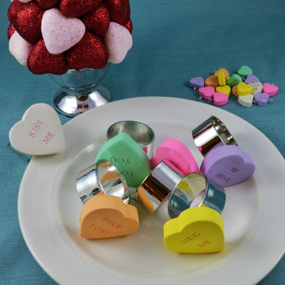 Conversation Heart Napkin Ring Set of 6, Pink, Green, Yellow, White, Orange, Purple, Valentine's Day Decoration, Hostess Gift, wedding