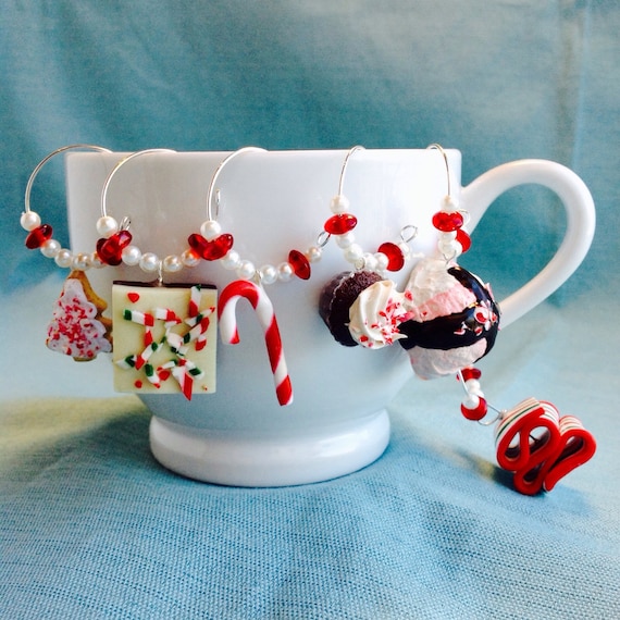 Peppermint Wine Charms, Set of 6, Coffee Mug Charm, Ribbon Candy, Chocolate Cupcake, Sugar Coookie, Candy Cane, Hot Fudge, Ice Cream, Bark