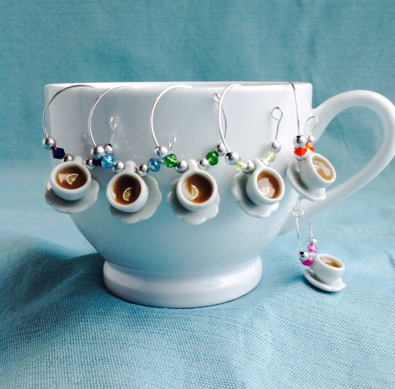 Tea Cup Wine Glass Charms, Coffee Mug Charms, English Tea Party, Wedding or Baby Shower Decoration, Hostess Gift, Champagne Charm, Birthday