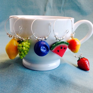 Summer Fruit Wine Charms, Set of 6, Coffee or Tea Cup Charm, Hostess Gift, Blueberry, Strawberry, Lemon, Watermelon, Grapes, Peach