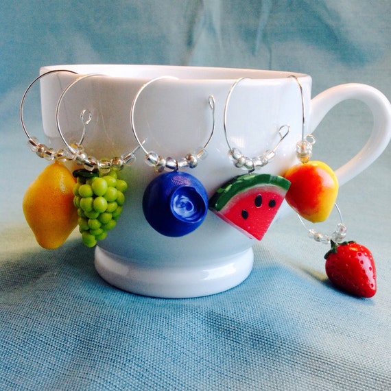 Summer Fruit Wine Charms, Set of 6, Coffee or Tea Cup Charm, Hostess Gift, Blueberry, Strawberry, Lemon, Watermelon, Grapes, Peach