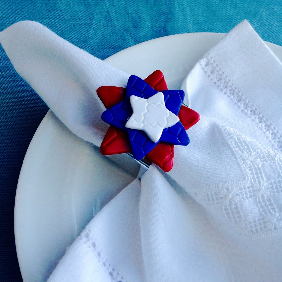 Patriotic Star Napkin Rings Red White and Blue Table Etsy