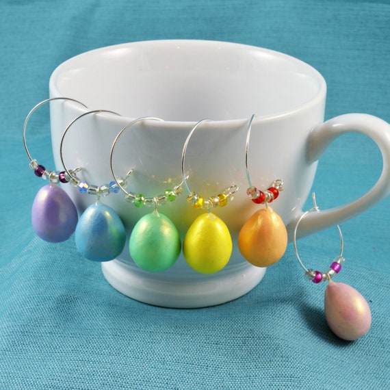 Easter Egg Wine Charms, Set of 6, Coffee Mug Charms, Decorated Egg, Spring, Hostess Gift, pastel colors, Tea cup charms, Champagne glass