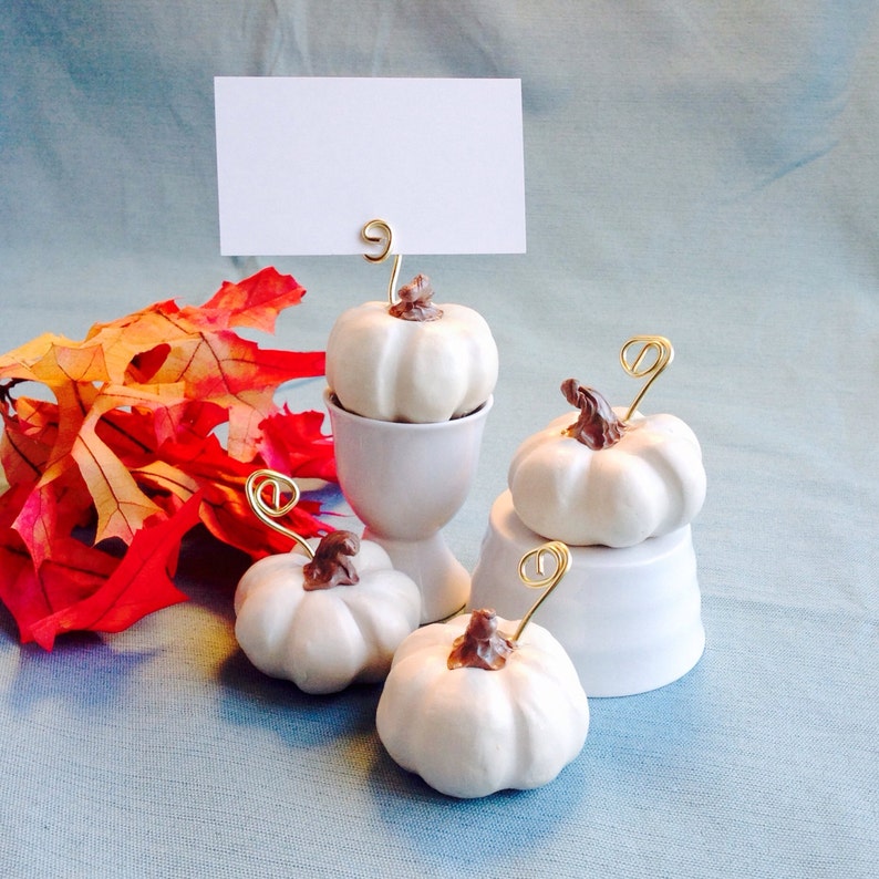 White Pumpkin Place Card Holders, Fall Wedding Decoration, Thanksgiving Table Setting, Harvest, Party Favor, Halloween image 4