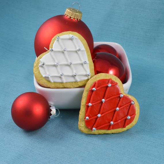 Heart Sugar Cookie Christmas Ornament, Tree Decoration, Holiday Decor, Red, White, silver, Valentine's Day, Anniversary, stocking stuffer