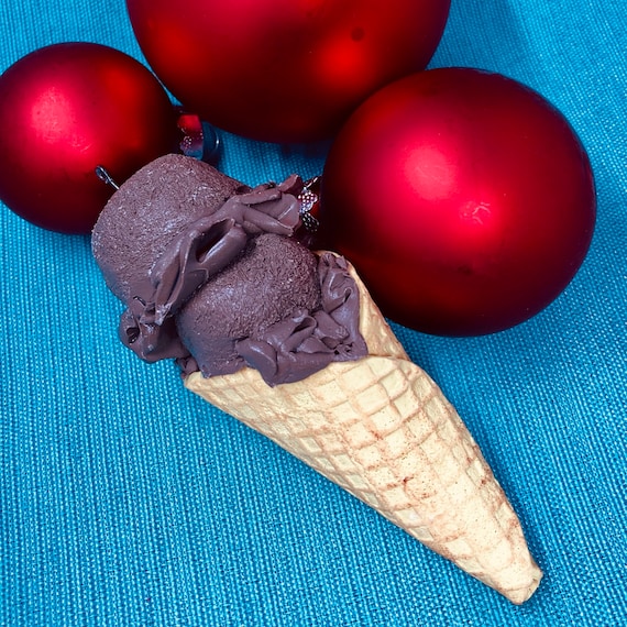 Double Scoop Chocolate Waffle Cone Christmas Ornament, Faux Ice Cream, Tree Decoration, Holiday Decor, Soda Shop Treats, Fudge