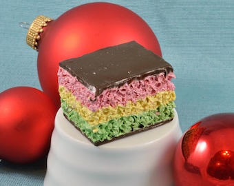 Bite sized Italian Layer Cookie Christmas Ornament, Tricolor, Neapolitan, Rainbow, red, white, green, Faux Seven Layered Cake, Fake Dessert