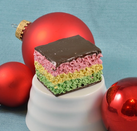 Bite sized Italian Layer Cookie Christmas Ornament, Tricolor, Neapolitan, Rainbow, red, white, green, Faux Seven Layered Cake, Fake Dessert