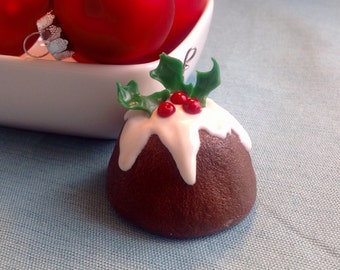 Figgy Pudding Christmas Ornament, Red, Green, Brown, and White Decoration, Icing, Holly, Berries, Faux Pastry, Fake English Dessert, Holiday