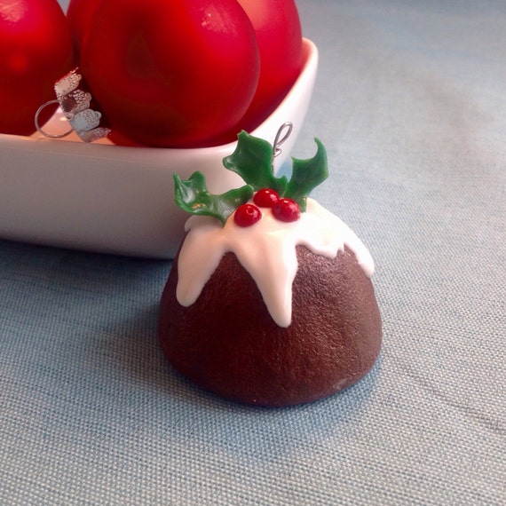 Figgy Pudding Christmas Ornament, Red, Green, Brown, and White Decoration, Icing, Holly, Berries, Faux Pastry, Fake English Dessert, Holiday