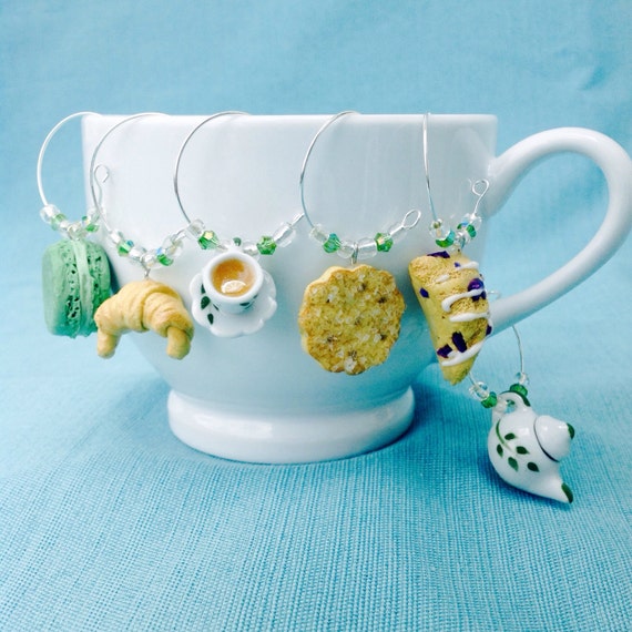 Leaf Tea Set Wine Charms, Set of 6, Coffee or Tea Cup Charms, Hostess Gift, Macaron, Blueberry Scone, Croissant, English Biscuit, Teapot