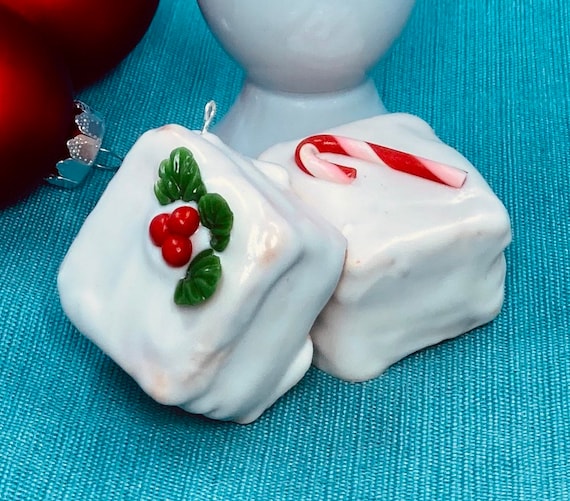 Petit Four Christmas Ornament, Red and White Decoration, Vanilla Icing Glaze, Candy Cane, Holly, French Pastry, Small Cake