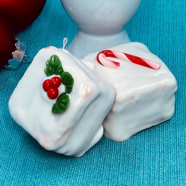 Petit Four Christmas Ornament, Red and White Decoration, Vanilla Icing Glaze, Candy Cane, Holly, French Pastry, Small Cake