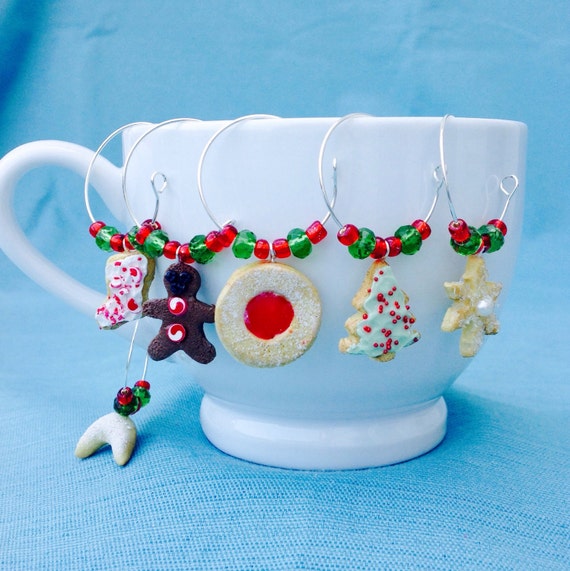 Christmas Cookie Wine Charms, Set of 6, Coffee Mug Charm, Gingerbread Man, Iced Sugar, Linzer, Almond Crescent, Snowflake, Tree, Stocking