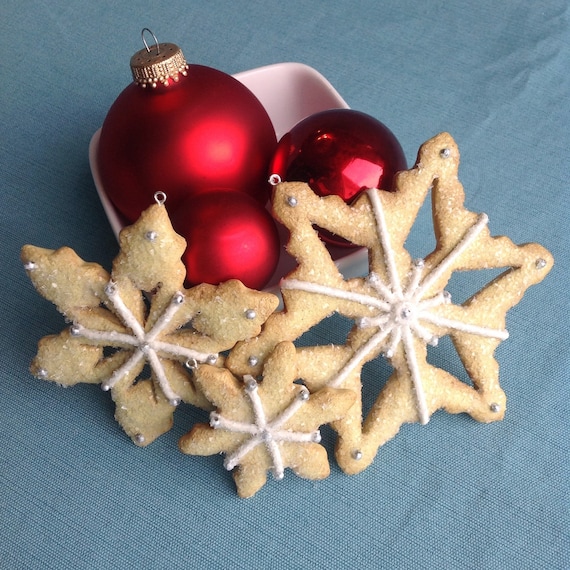 3 Snowflake Sugar Cookie Christmas Ornaments, White Decoration, Icing, Sparkle, Glitter, Faux , Fake Food, Snow & Ice, Winter Collection
