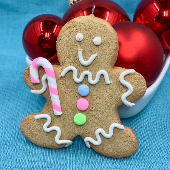 Pastel Gingerbread Man Christmas Ornament, Vanilla Icing, Faux Cookie, Fake Food, Winter Decoration, Candy Buttons. Candy cane, Pink, Girl