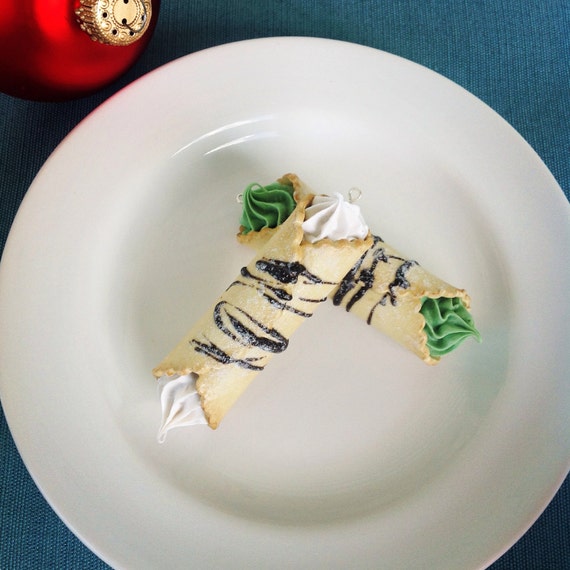 Cannoli Christmas Ornament, Italian Pastry, Green and White Decoration, Faux Food, Vanilla & Pistachio Cream