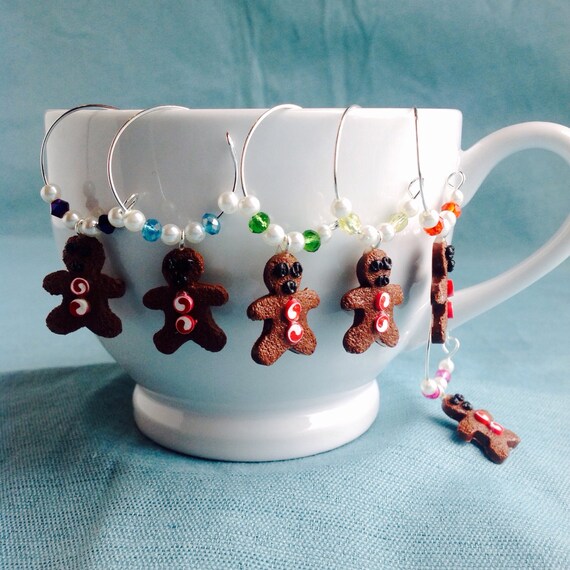 Gingerbread Man Wine Glass Charms, Coffee Mug Charms, Christmas Cookies, Winter Decoration, Holiday gift, Champagne, Peppermint Candy