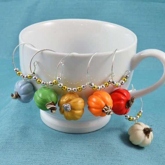 Heirloom Pumpkin Wine Glass Charms, Coffee Mug or Tea Charm, Thanksgiving or Halloween Party, Fall Decoration, Holiday gift, Champagne