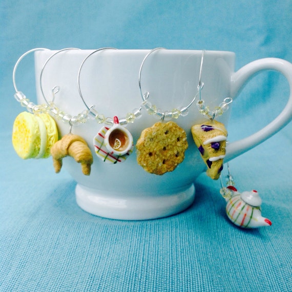 Plaid Tea Set Wine Charms, Set of 6, Coffee or Tea Cup Charms, Hostess Gift, Macaron, Blueberry Scone, Croissant, English Biscuit, Teapot
