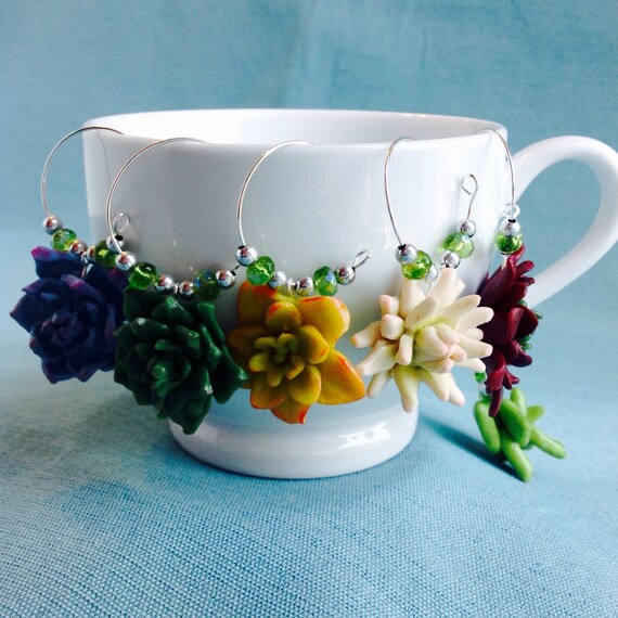 Succulent Wine Charms, Set of 6, Coffee or Tea Cup Charm, Hostess Gift, Green Thumb, Faux, Fake Botanical, Flowers, Cactus Blooms