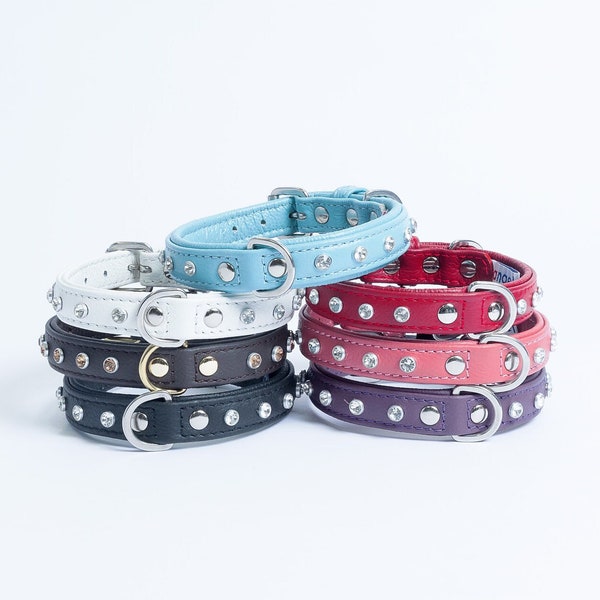 Rhinestone Genuine leather padded dog collar