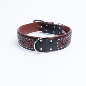 Tucson Collar - Hand  carved, Buck Stitched Two tone Padded Leather Dog Collar