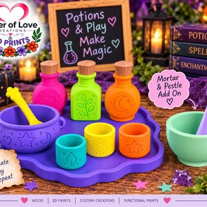 May include: A purple tray holds a purple cauldron with a yellow spoon, two small cups in teal and yellow, and three bottles in pink, lime green, and orange with cork stoppers. A separate mint green mortar and pestle set is included.