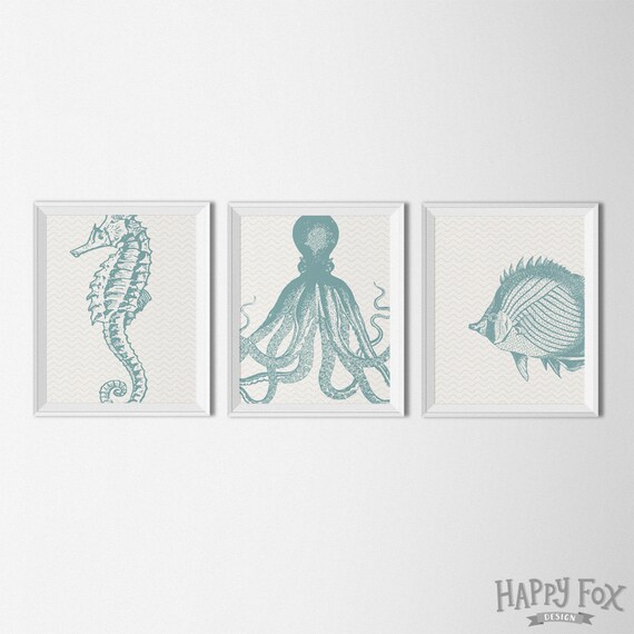 Items similar to Vintage Seahorse Octopus Fish Illustrations, Printable art, Blue, Teal decor