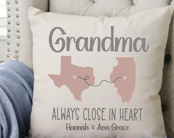 Grandma Gift, Long Distance Gift, Always Close in Heart, State to State, 2 States, Custom Gift Grandma, Mom, Linen Throw Pillow, Mothers Day