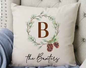 Personalized Christmas Wreath Family Throw Pillow, Monogram Linen Holiday Throw Pillow, Merry Christmas Gift Decor