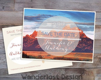 Custom Invitation Save the Date Postcard Front & Back Design 5x7 Mountains Western Boho Wedding