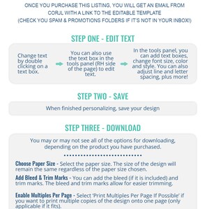 May include: Instructions for using a digital template, with steps for editing text, saving, and downloading. The image features a teal banner with white text and a Corjl logo. Instructions include choosing paper size and adding bleed marks.